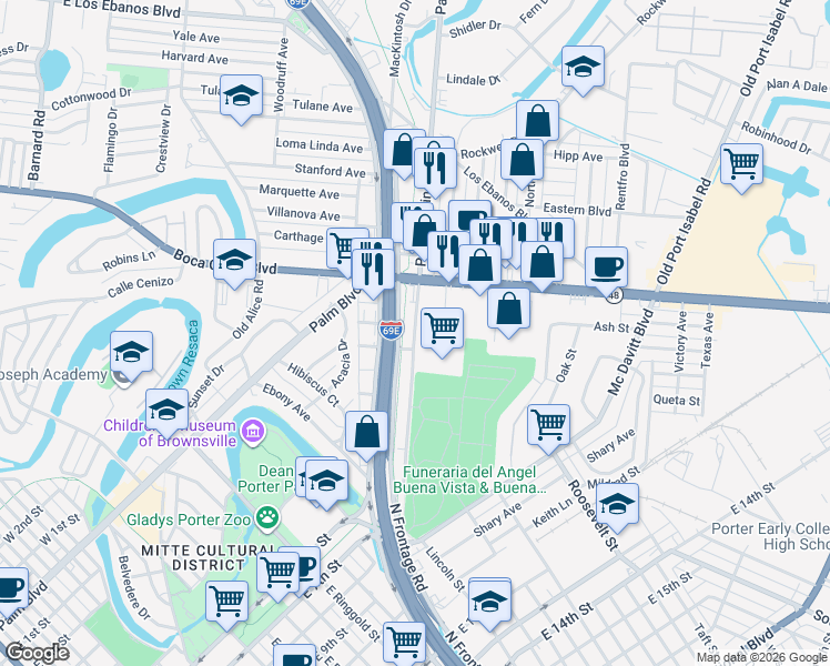 map of restaurants, bars, coffee shops, grocery stores, and more near 205 Paredes Line Road in Brownsville