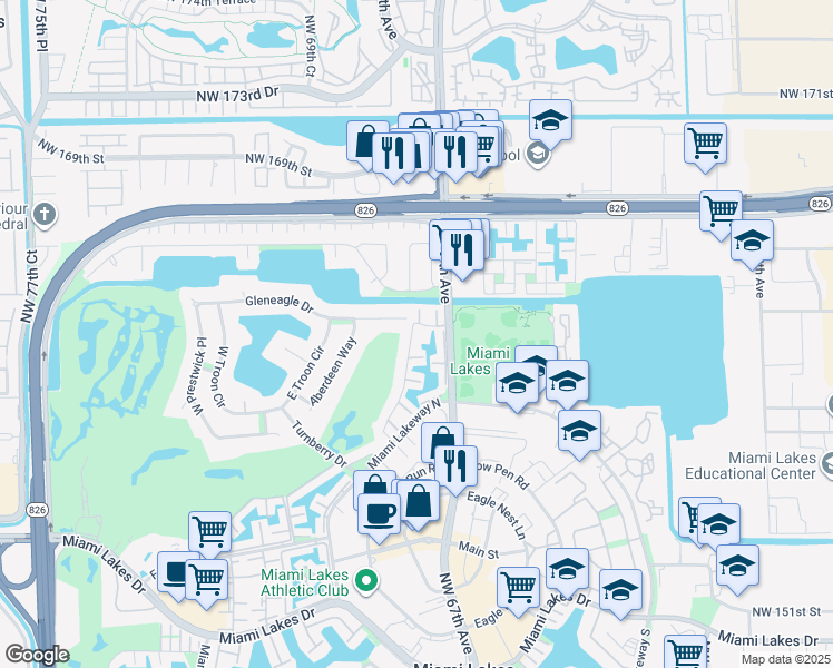 map of restaurants, bars, coffee shops, grocery stores, and more near 6746 Kingsmoor Way in Miami Lakes