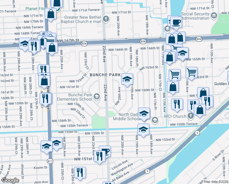 map of restaurants, bars, coffee shops, grocery stores, and more near 15935 Northwest 21st Avenue in Opa-locka
