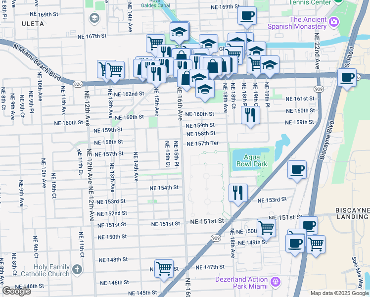 map of restaurants, bars, coffee shops, grocery stores, and more near 1600 Northeast 157th Terrace in North Miami Beach