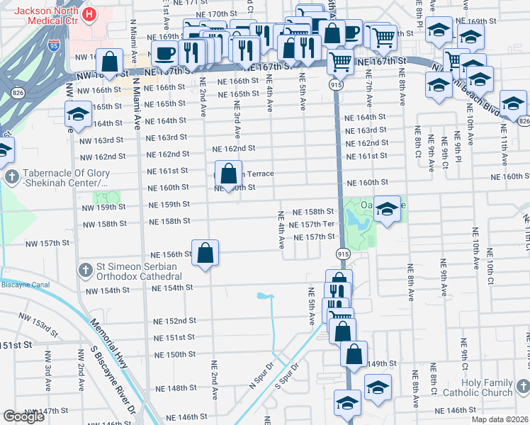 map of restaurants, bars, coffee shops, grocery stores, and more near 350 Northeast 158th Street in Miami