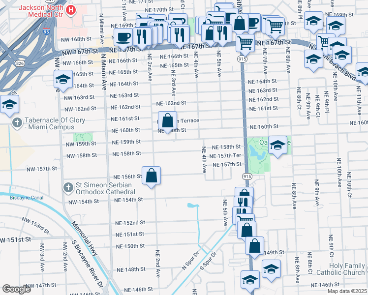 map of restaurants, bars, coffee shops, grocery stores, and more near 350 Northeast 158th Street in Miami