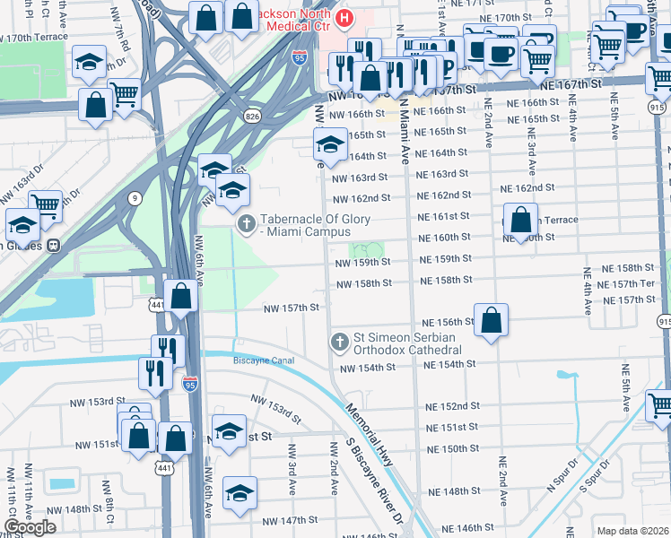 map of restaurants, bars, coffee shops, grocery stores, and more near 171 Northwest 158th Street in Miami