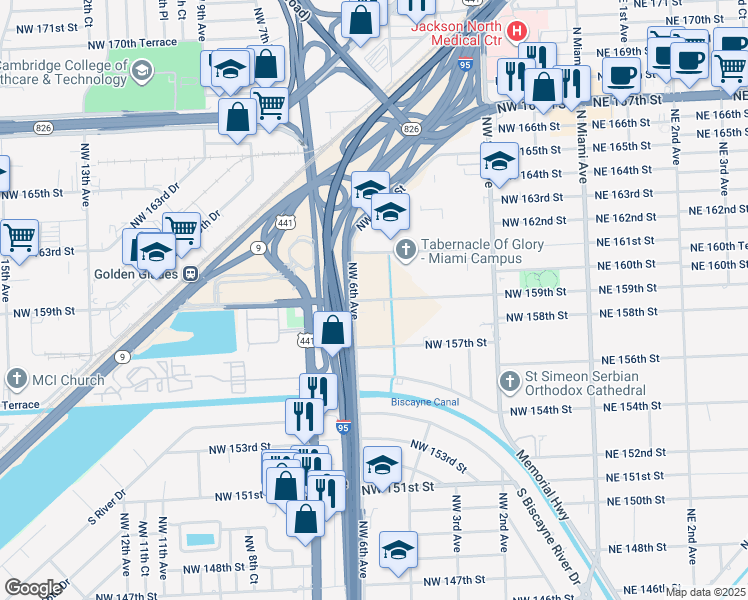 map of restaurants, bars, coffee shops, grocery stores, and more near in Golden Glades