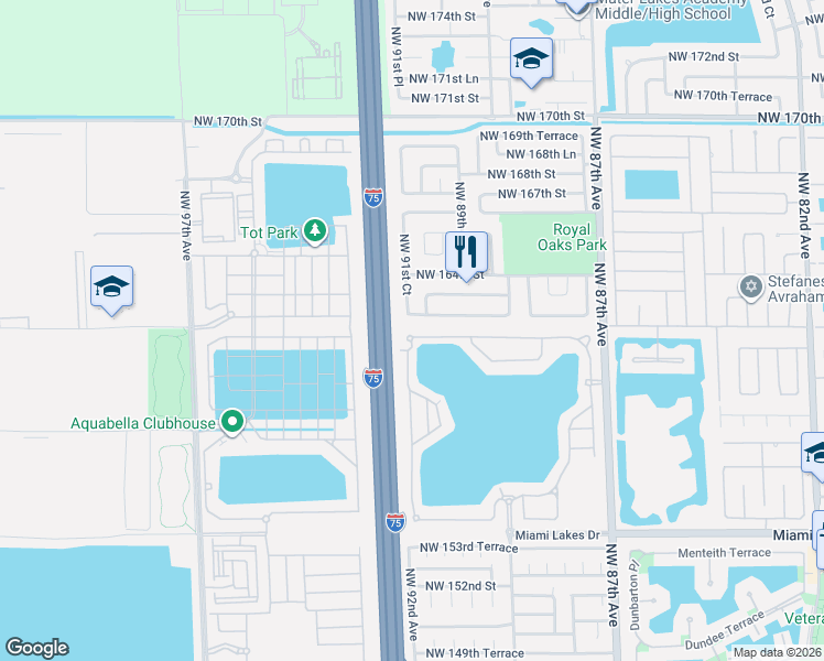 map of restaurants, bars, coffee shops, grocery stores, and more near 16160 Northwest 91st Court in Miami Lakes