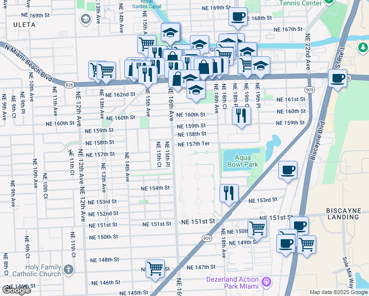 map of restaurants, bars, coffee shops, grocery stores, and more near 1600 Northeast 157th Terrace in North Miami Beach