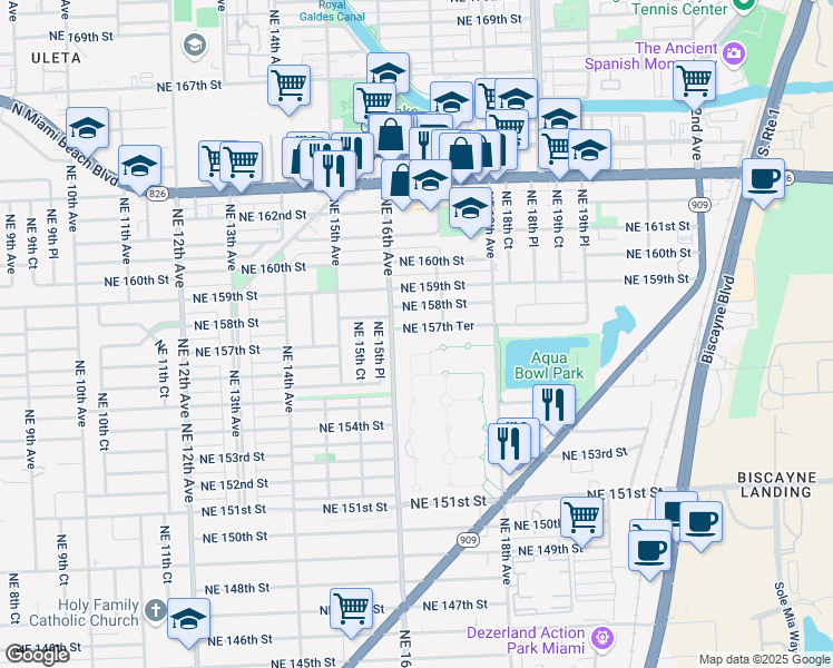 map of restaurants, bars, coffee shops, grocery stores, and more near 1600 Northeast 157th Terrace in North Miami Beach