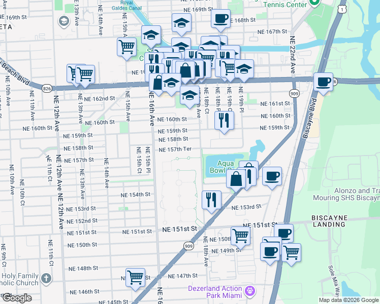 map of restaurants, bars, coffee shops, grocery stores, and more near 1760 Northeast 157th Terrace in North Miami Beach