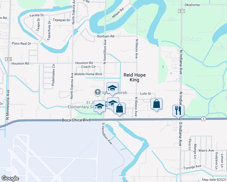 map of restaurants, bars, coffee shops, grocery stores, and more near 300 North Vermillion Avenue in Brownsville