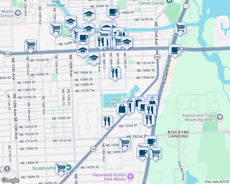 map of restaurants, bars, coffee shops, grocery stores, and more near 15458 West Dixie Highway in North Miami Beach