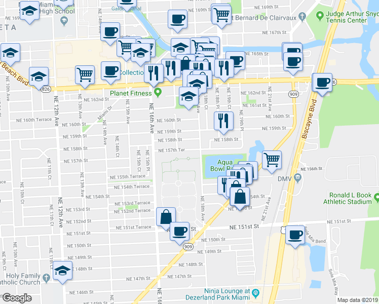 map of restaurants, bars, coffee shops, grocery stores, and more near 1760 Northeast 157th Terrace in North Miami Beach