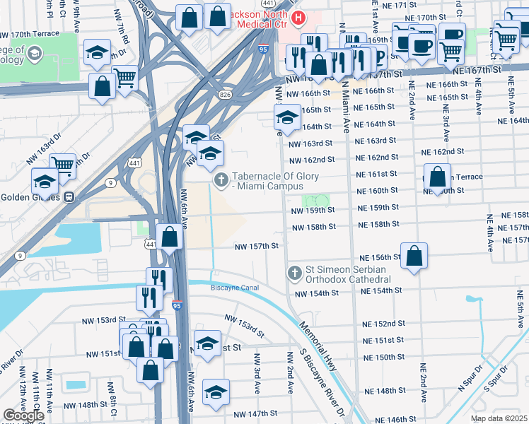 map of restaurants, bars, coffee shops, grocery stores, and more near 246 Northwest 159th Street in Miami