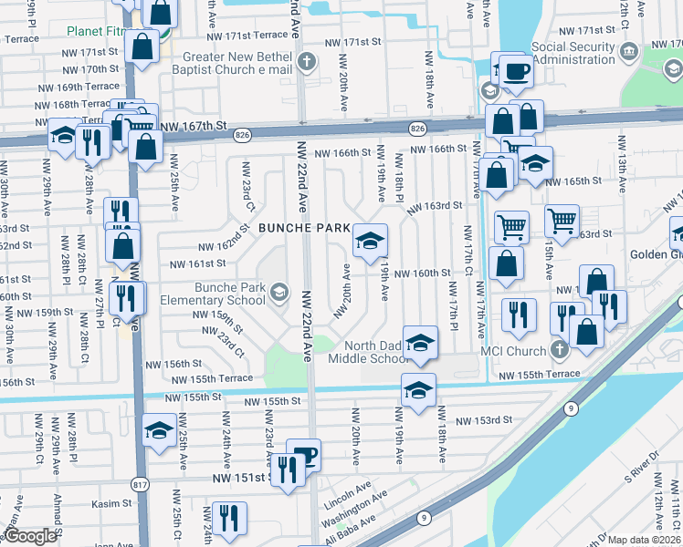 map of restaurants, bars, coffee shops, grocery stores, and more near 15935 Northwest 21st Avenue in Opa-locka