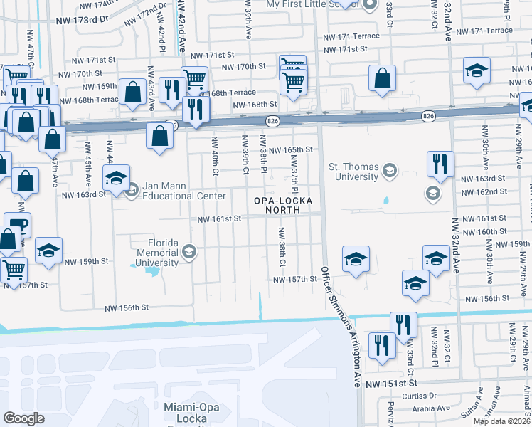 map of restaurants, bars, coffee shops, grocery stores, and more near 16051 Northwest 38th Place in Opa-locka