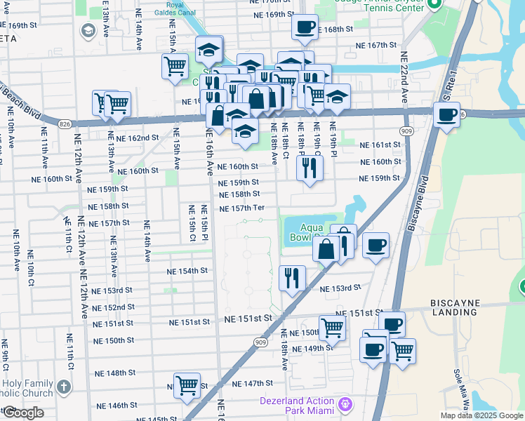 map of restaurants, bars, coffee shops, grocery stores, and more near 1760 Northeast 157th Terrace in North Miami Beach