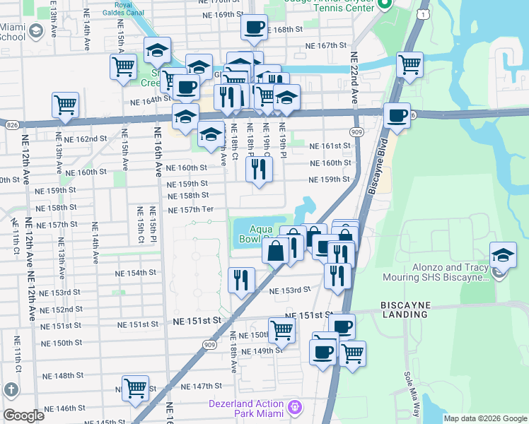 map of restaurants, bars, coffee shops, grocery stores, and more near 15458 West Dixie Highway in North Miami Beach