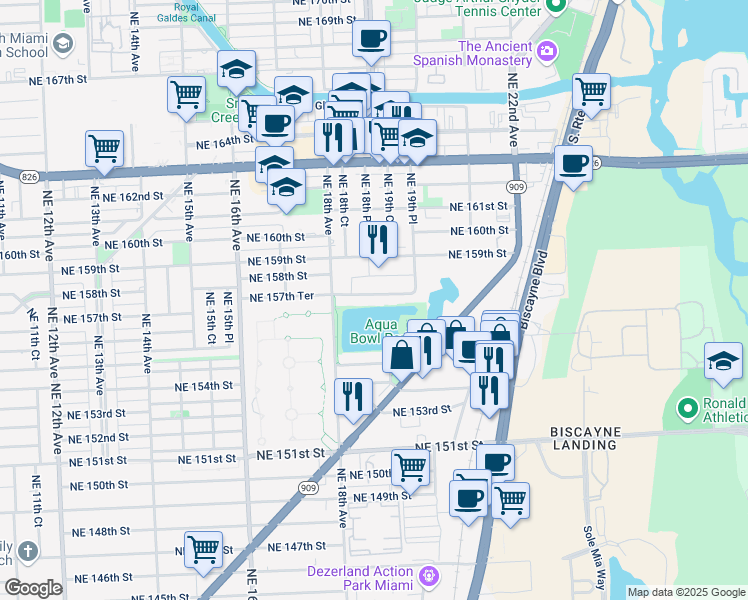 map of restaurants, bars, coffee shops, grocery stores, and more near 15458 West Dixie Highway in North Miami Beach