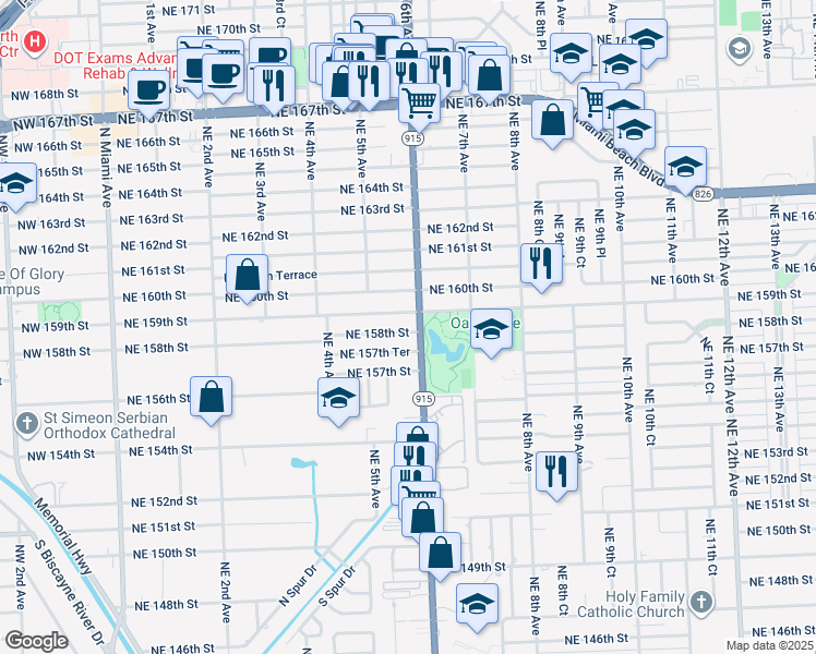 map of restaurants, bars, coffee shops, grocery stores, and more near 575 Northeast 158th Street in Miami