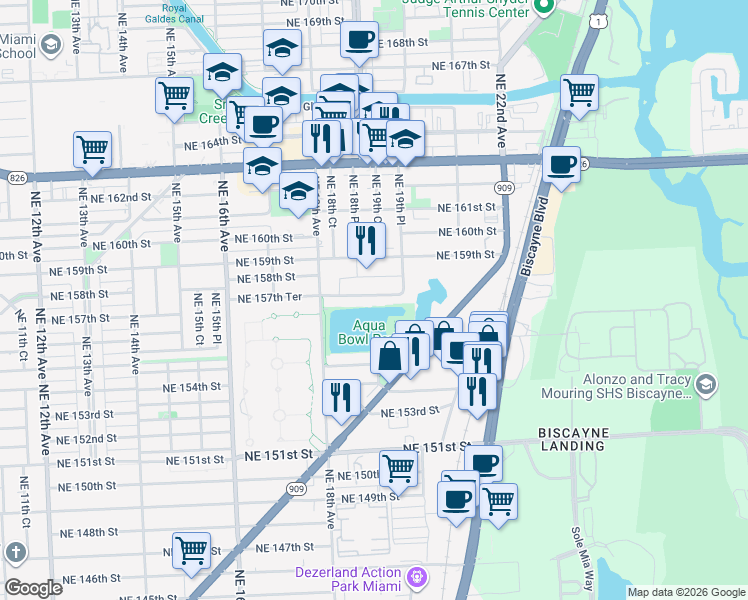 map of restaurants, bars, coffee shops, grocery stores, and more near 15458 West Dixie Highway in North Miami Beach
