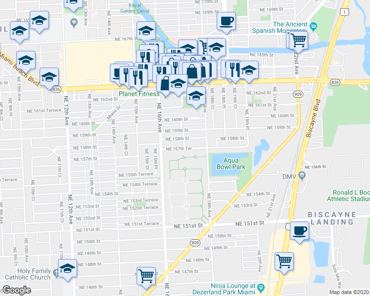 map of restaurants, bars, coffee shops, grocery stores, and more near 1696 Northeast 158th Street in North Miami Beach