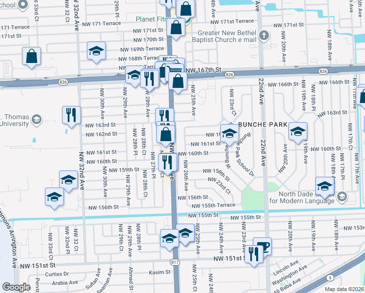 map of restaurants, bars, coffee shops, grocery stores, and more near 16125 Northwest 27th Avenue in Opa-locka
