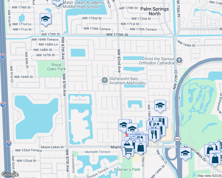 map of restaurants, bars, coffee shops, grocery stores, and more near 8210 Northwest 163rd Street in Miami Lakes