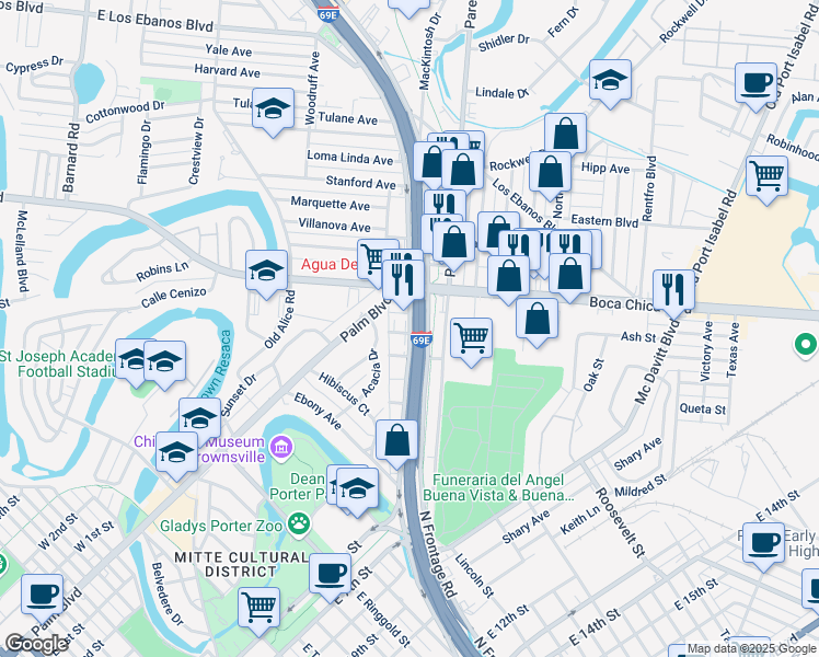 map of restaurants, bars, coffee shops, grocery stores, and more near 54 South Expressway 83 in Brownsville
