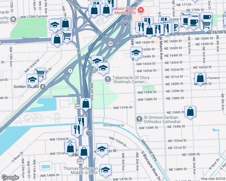map of restaurants, bars, coffee shops, grocery stores, and more near 300 Northwest 161st Street in Miami