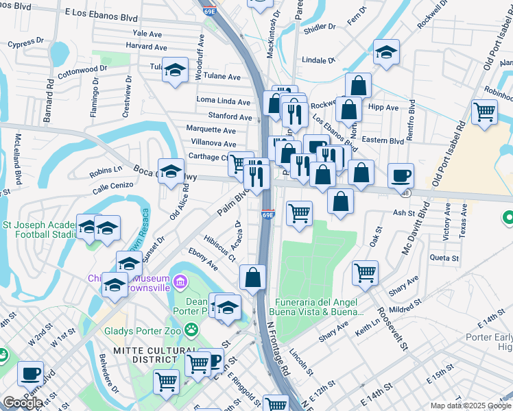 map of restaurants, bars, coffee shops, grocery stores, and more near 54 South Expressway 83 in Brownsville