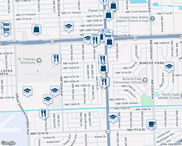 map of restaurants, bars, coffee shops, grocery stores, and more near 16135 Northwest 28th Court in Opa-locka