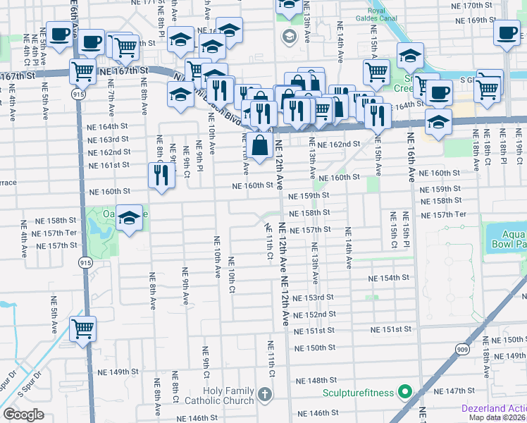 map of restaurants, bars, coffee shops, grocery stores, and more near 1180 Northeast 159th Street in North Miami Beach