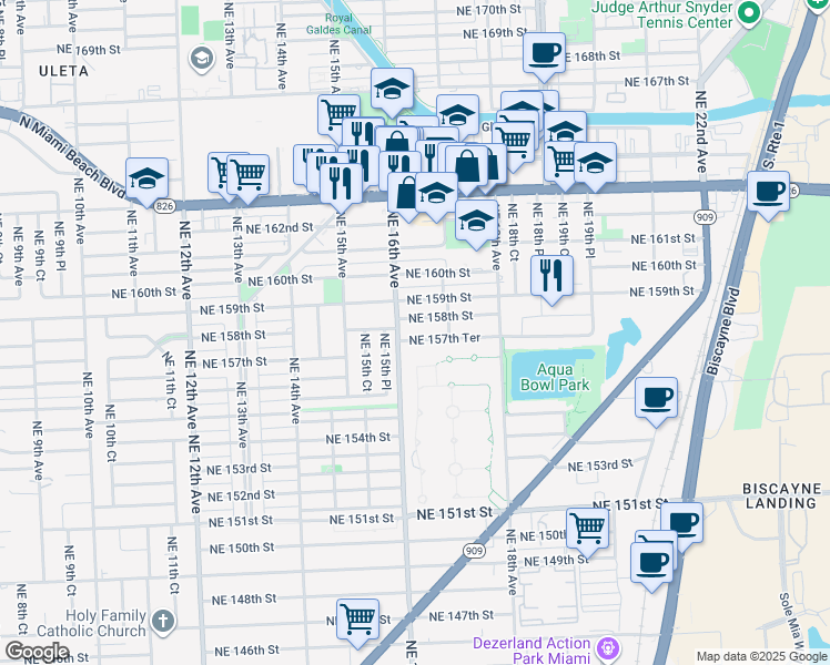map of restaurants, bars, coffee shops, grocery stores, and more near in North Miami Beach