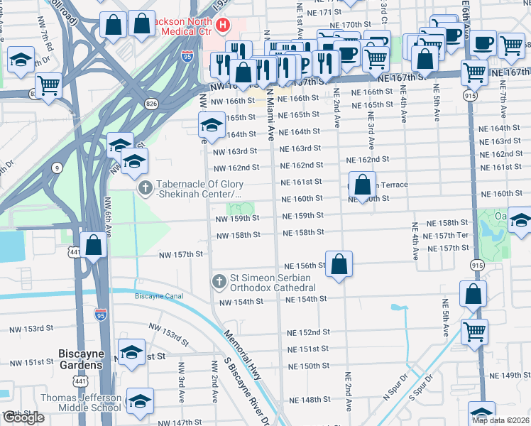 map of restaurants, bars, coffee shops, grocery stores, and more near 40 Northwest 160th Street in Miami