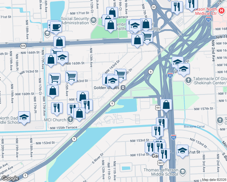 map of restaurants, bars, coffee shops, grocery stores, and more near 1160 Northwest 159th Drive in Miami