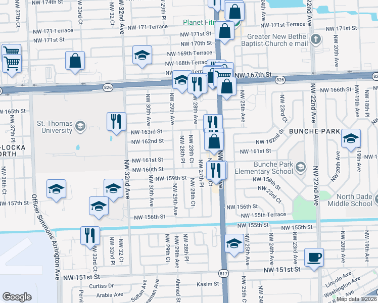 map of restaurants, bars, coffee shops, grocery stores, and more near 16135 Northwest 28th Court in Opa-locka