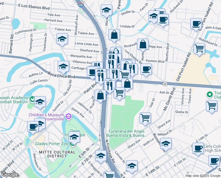map of restaurants, bars, coffee shops, grocery stores, and more near 206 Paredes Line Rd in Brownsville