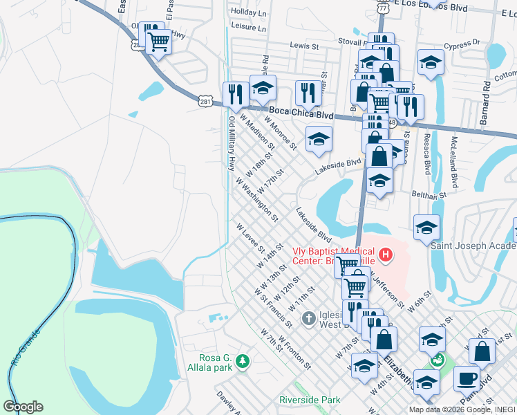 map of restaurants, bars, coffee shops, grocery stores, and more near 1640 West Washington Street in Brownsville