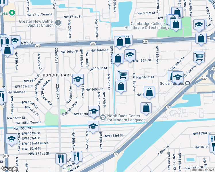 map of restaurants, bars, coffee shops, grocery stores, and more near 16040 Northwest 17th Court in Opa-locka