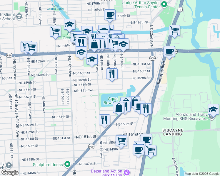 map of restaurants, bars, coffee shops, grocery stores, and more near 1920 Northeast 158th Street in North Miami Beach