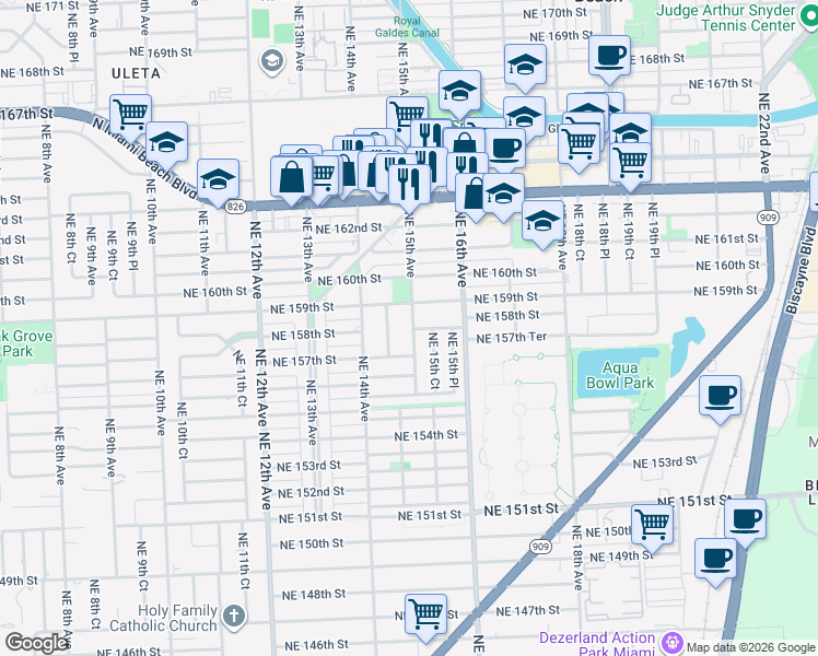 map of restaurants, bars, coffee shops, grocery stores, and more near in North Miami Beach