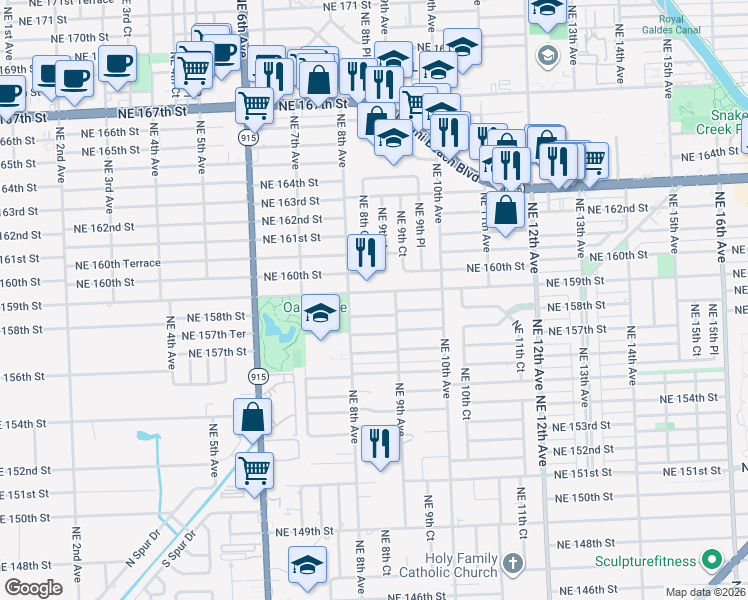 map of restaurants, bars, coffee shops, grocery stores, and more near 885 Northeast 159th Street in North Miami Beach