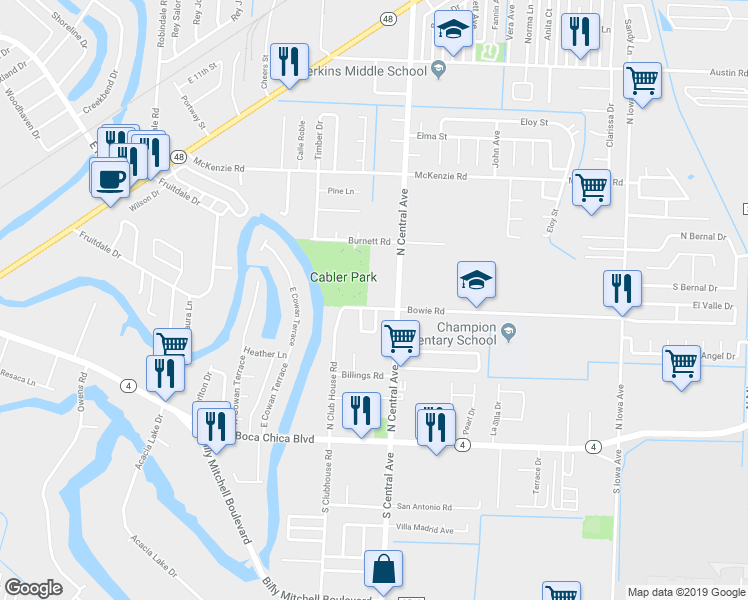map of restaurants, bars, coffee shops, grocery stores, and more near 409 North Central Avenue in Brownsville