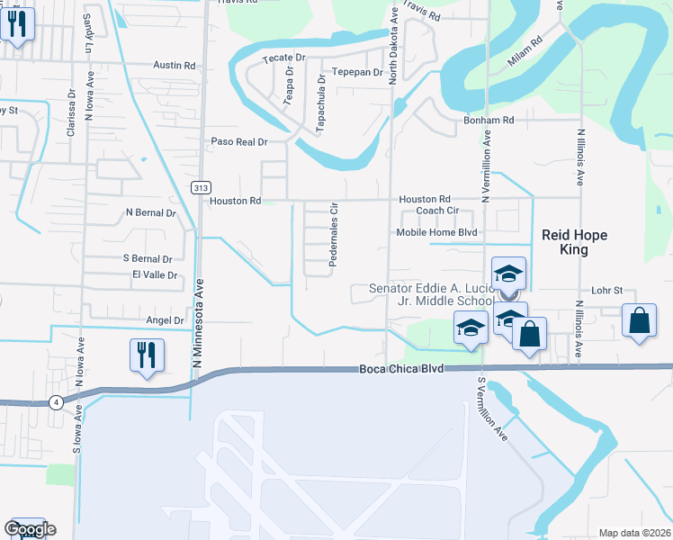 map of restaurants, bars, coffee shops, grocery stores, and more near 476 Pedernales Circle in Brownsville