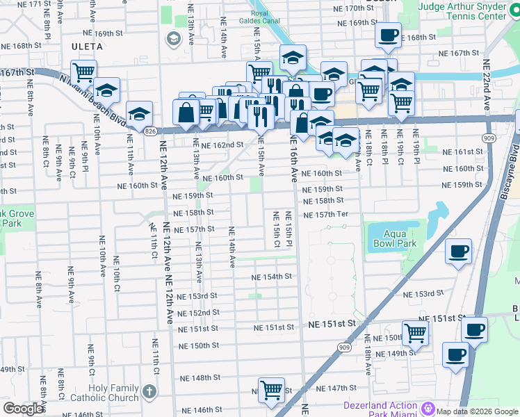 map of restaurants, bars, coffee shops, grocery stores, and more near 15861 Northeast 14th Court in North Miami Beach