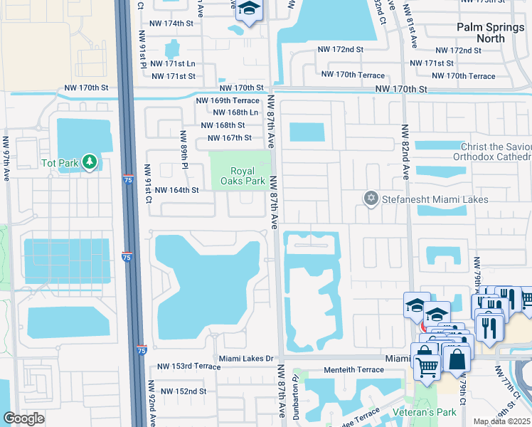 map of restaurants, bars, coffee shops, grocery stores, and more near 15947 Northwest 87th Court in Miami Lakes