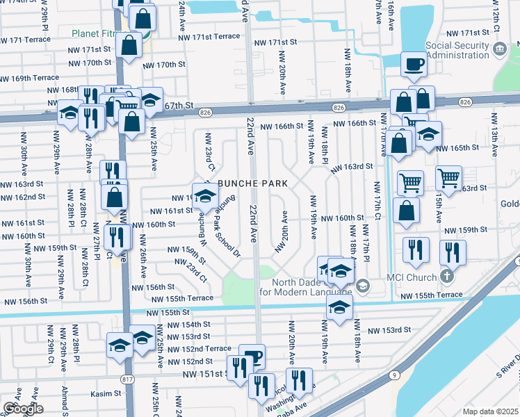 map of restaurants, bars, coffee shops, grocery stores, and more near in Bunche Park