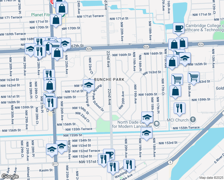 map of restaurants, bars, coffee shops, grocery stores, and more near in Bunche Park