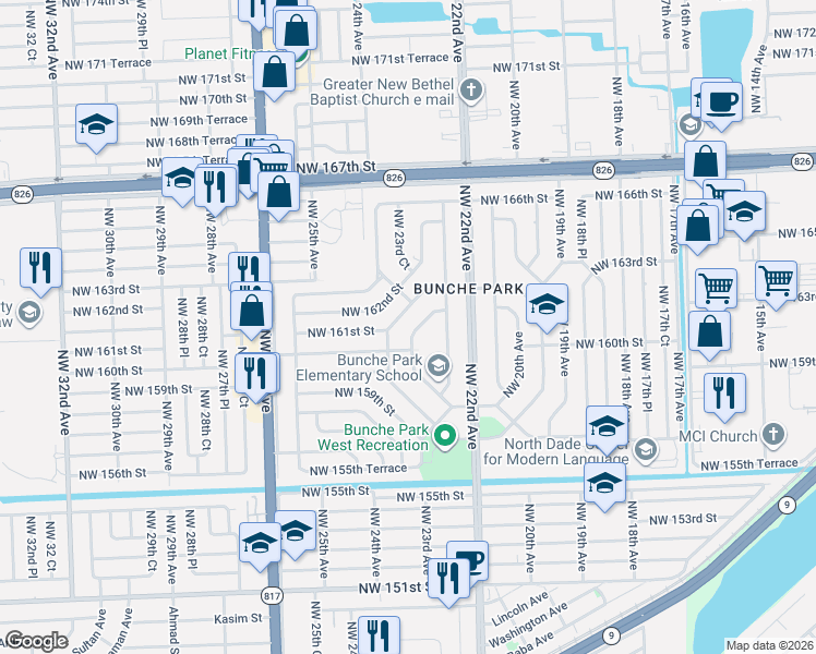 map of restaurants, bars, coffee shops, grocery stores, and more near 2355 West Bunche Park Drive in Opa-locka