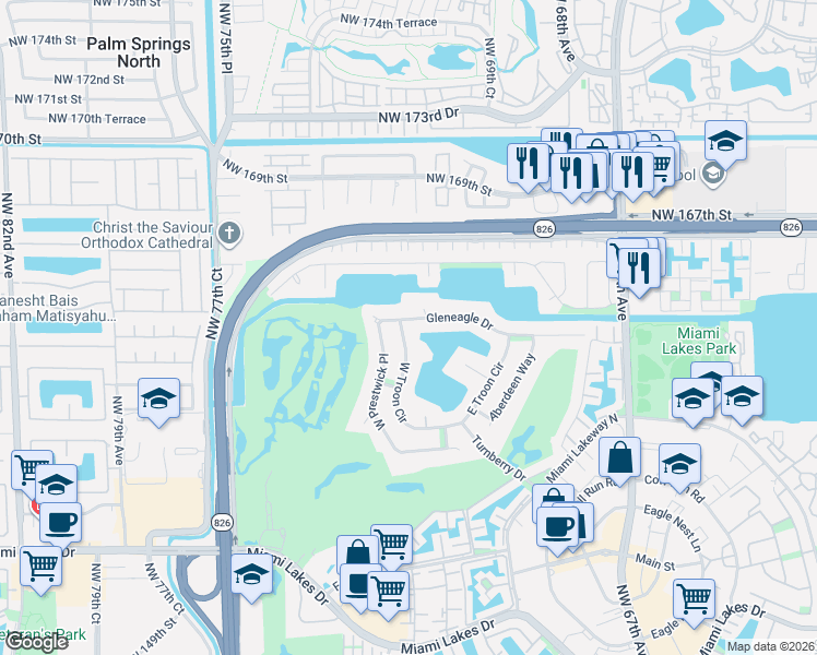 map of restaurants, bars, coffee shops, grocery stores, and more near 7245 Gleneagle Drive in Miami Lakes