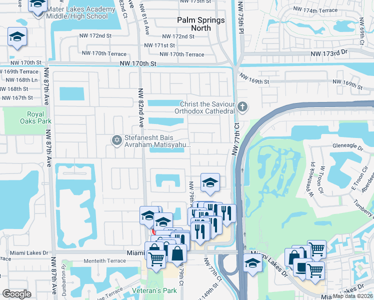 map of restaurants, bars, coffee shops, grocery stores, and more near 16242 Northwest 79th Avenue in Hialeah